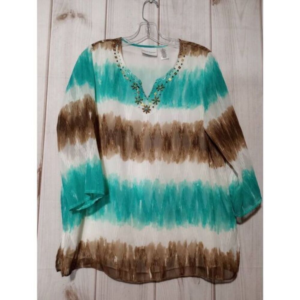 Alfred Dunner Womens Turquoise Brown Striped Beaded V-Neck Blouse Size 12